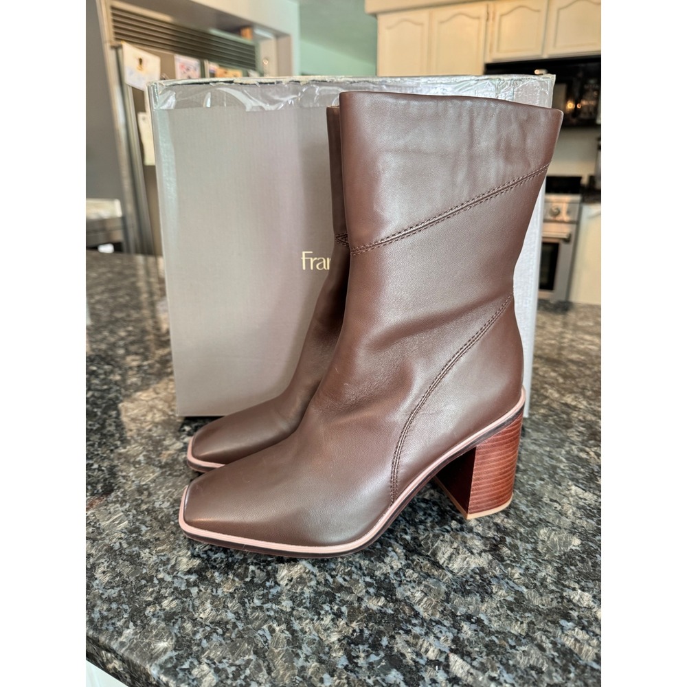 Franco Sarto Stevie Brown Leather Square Toe Block Heel Mid Calf Boots 9.5 M
